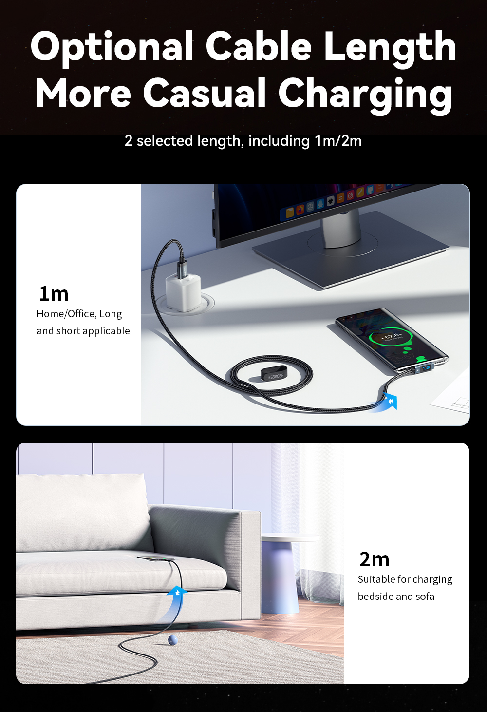 ESSAGER ES-X47 Series USB A To C Cable 1m Short 2m Long 100W