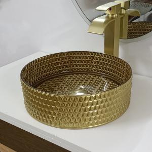 China Round Gold Glass Vessel Sink Diamond Table Top Bowl Wash Basin Crystal Bathroom wholesale