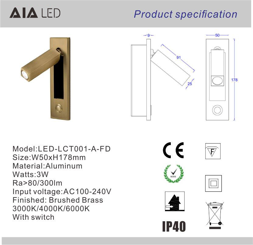 Recessed mounted bedside reading light led reading wall light 3W rotate bedroom headboard wall light for hotel
