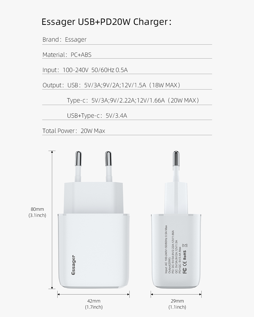 Essager 2021 YuRoom PD QC 20W Mobile Chargers USB Type C Charger Cable USB 100-240V PD Wall Charger