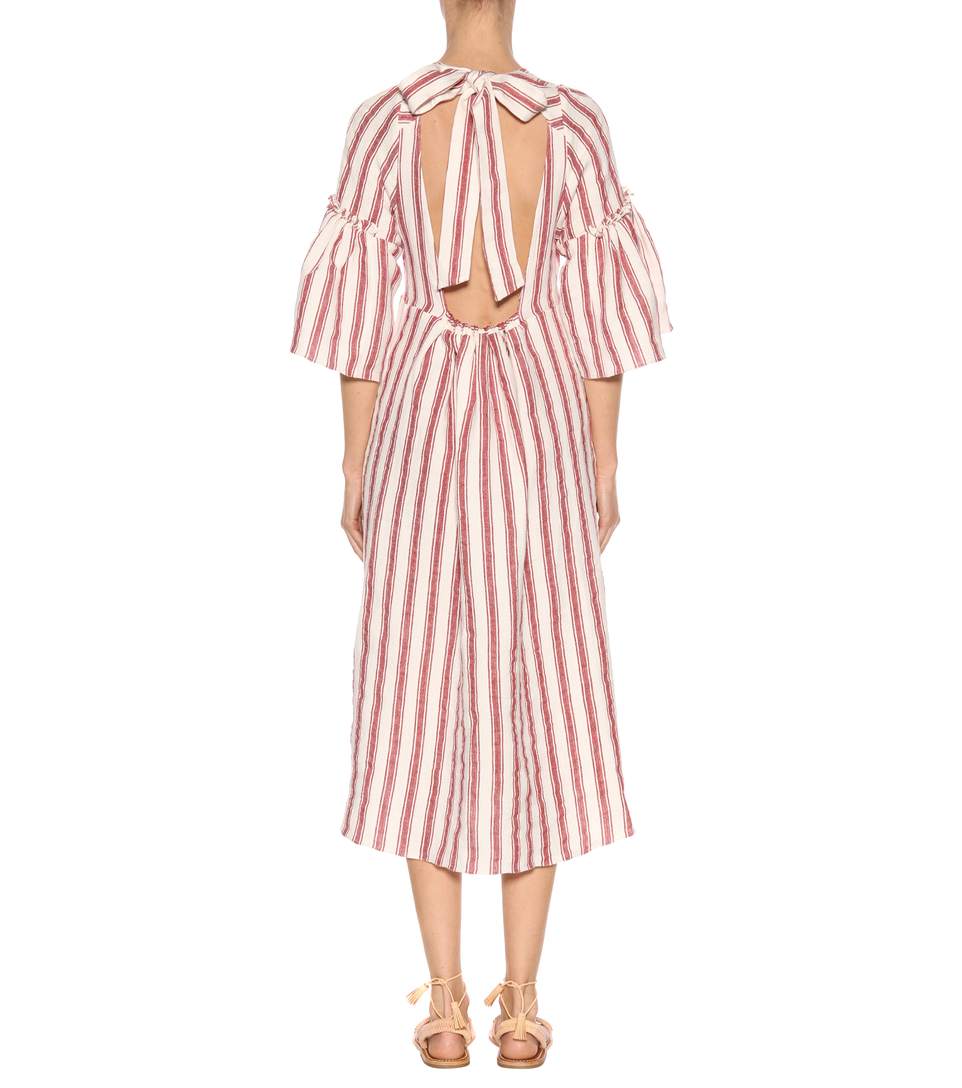 Women deep v neck stripe linen dress and unbacked