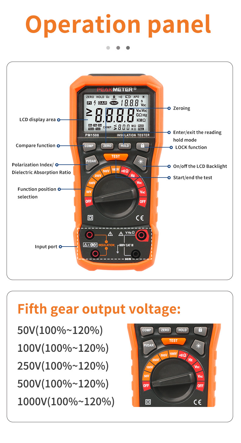 PM1508 100MOhm insulation test 600V 1KHz Handheld Insulation Resistance Measurement Tester