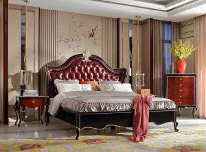 China European style Classic design furniture of Leather headboard Bed used Beech wood in Glossy painting for Villa house wholesale