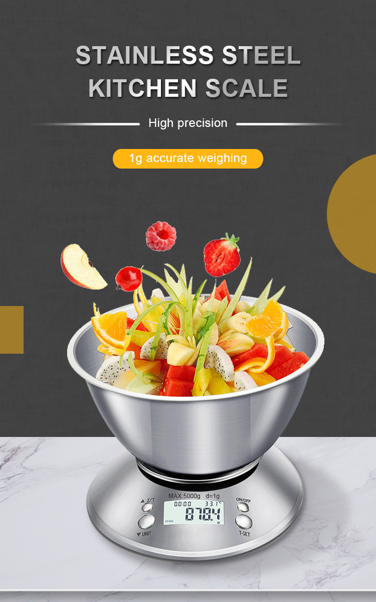 Stainless Steel Digital Kitchen Scale 5 kg Removable Bowl and Battery Powered Digital Household Scale
