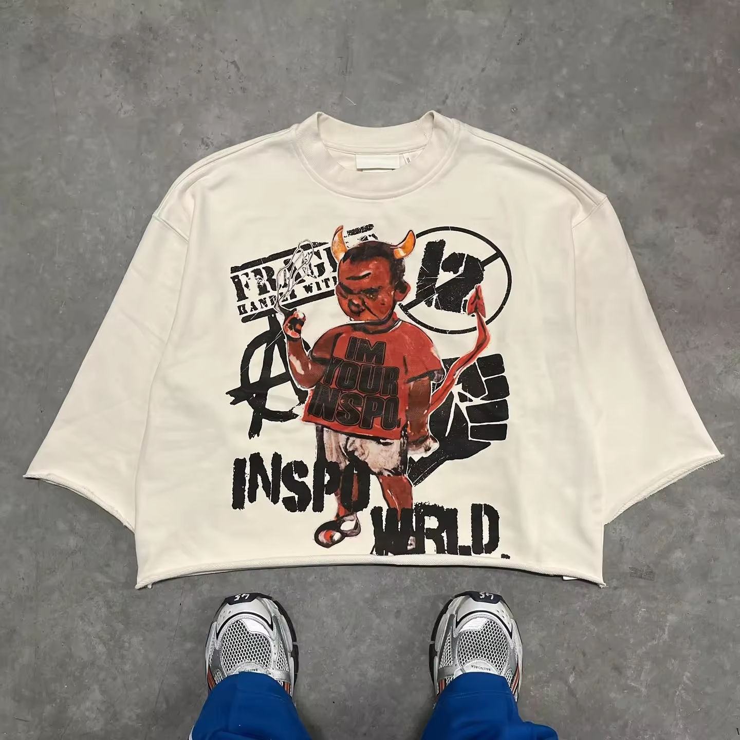 Black Cropped Graphic T Shirt Men 3/4 Sleeve Shirt Heavyweight Printed Cut Raw Curved Hem Boxy