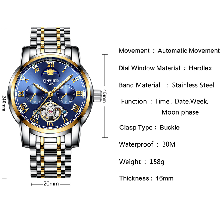 Luxury Mechanical Wrist Watch Tourbillon Automatic Movement Mens Skeleton Moon Phase Automatic Mechanical Watch