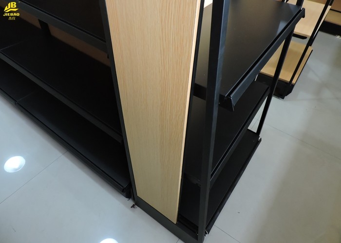 1.4M High Reliable Metal And Wood Display Shelves Trapezoidal Side Frame MDF Backing