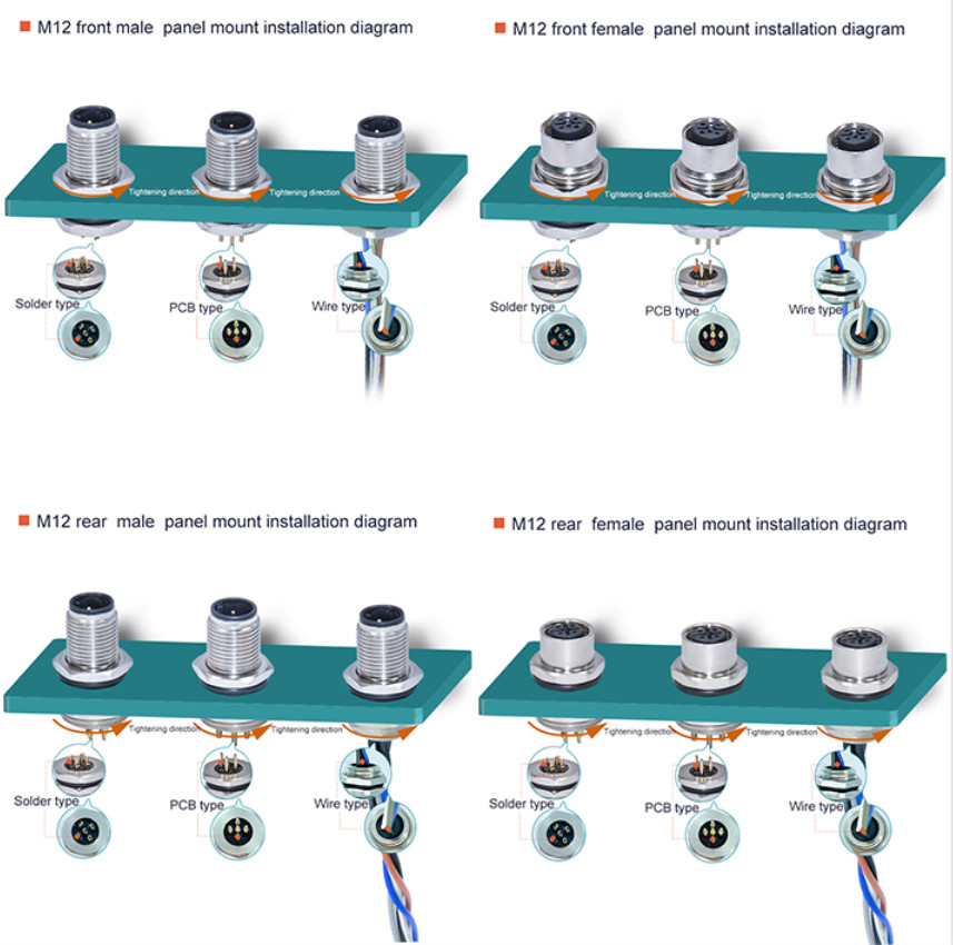 Circular M12 5 Pin Connector Panel Mounting Male Solder Threaded Waterproof M12 Connector