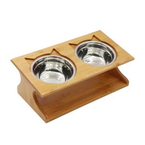 China 35x17.5x13cm Bamboo Elevated Dog Cat Food Stand Feeder with 2 Stainless Steel Raised Bowls Customer Logo wholesale