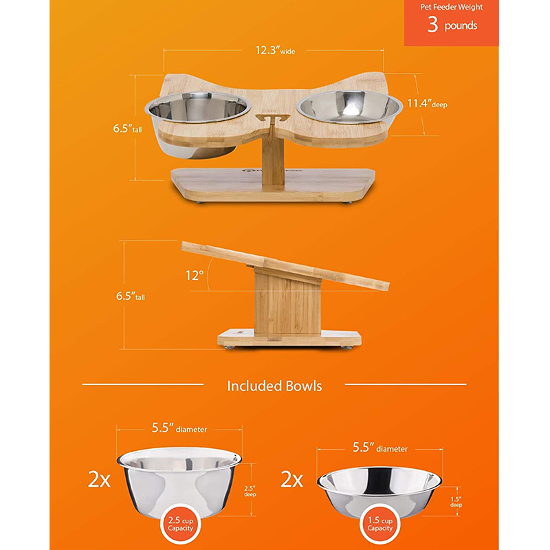 2023 Non-folding Rack Elevated Bamboo Pet Feeder With Stainless-steel Food And Water Bowls
