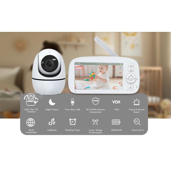 HD Baby Monitor with 360° Camera 5 Inch Screen 1000ft Range