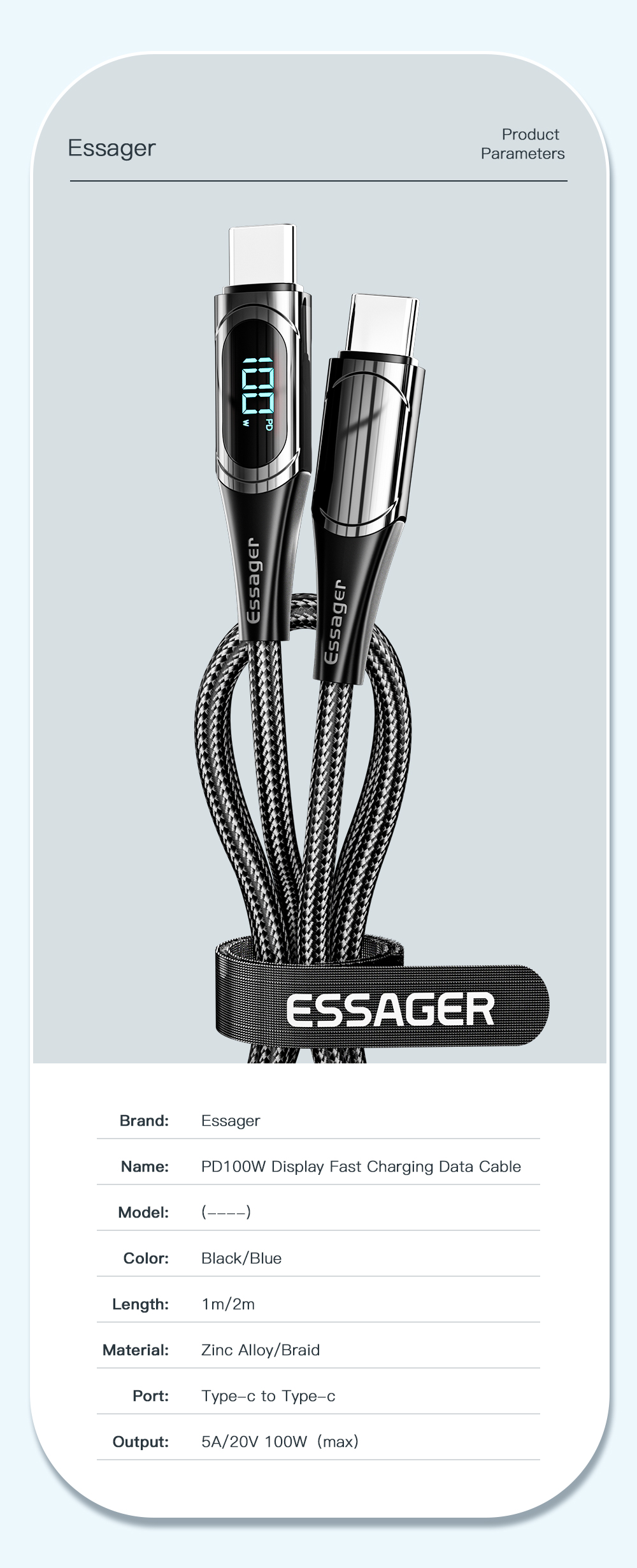 LED Digital Display USB C To C Cable Quick Charge HD 100W OEM/ODM 1M 2M 3M 5A