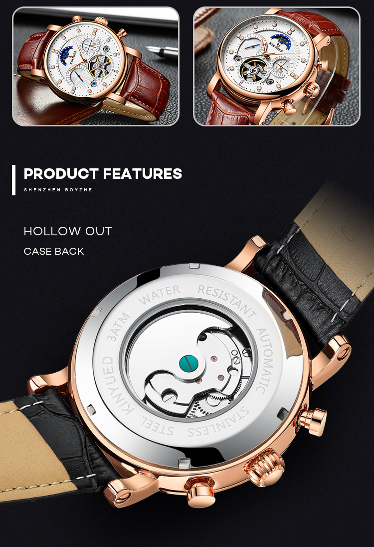 KINYUED Men Luxury Brand Wrist Watch Strap Mechanical Automatic Moon Phase Watch Relojes