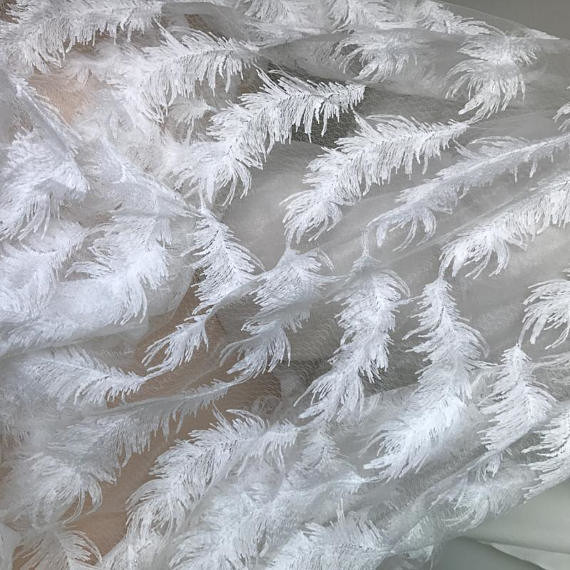 White Stretch Embroidered Mesh Lace Fabric By The Yard For Wedding Dress / Evening Dress