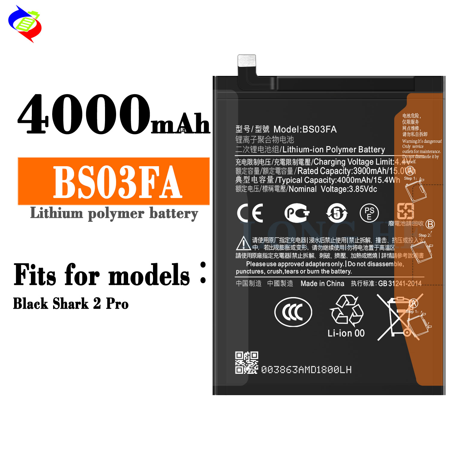 Replacement BS03FA 4000mAh Battery Rechargeable Batteries for Xiaomi Black Shark 2 Por