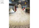 High Neck Ivory Ball Gown Wedding Dress Backless Long Sleeve Gold Beading