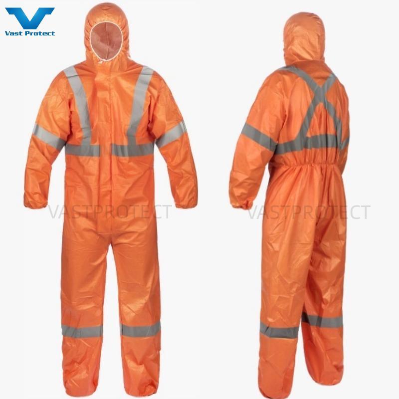 Factory Chemical Diposable PP+PE Orange Type5&6 Safety Coveralls with Reflective Tape