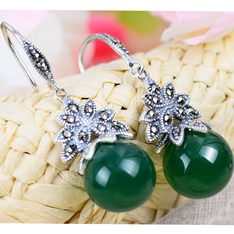 Sterling Silver Green Agate Bead Dangle Hoop Earrings Thai Vintage Jewellery (E12035GREEN)