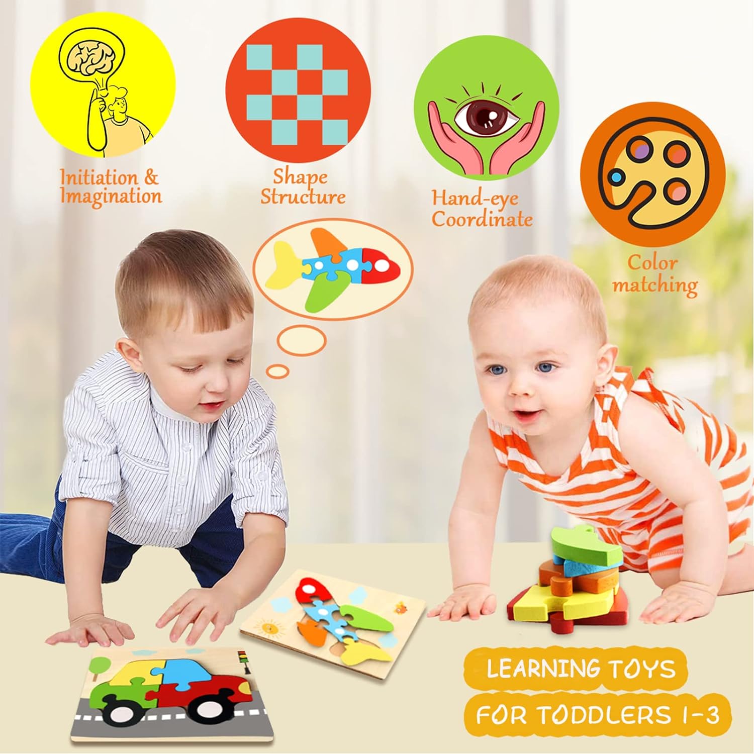 Unisex Montessori Shape Sorting Puzzle for Toddlers 1-3 Wooden Sensory Stem Learning Toys