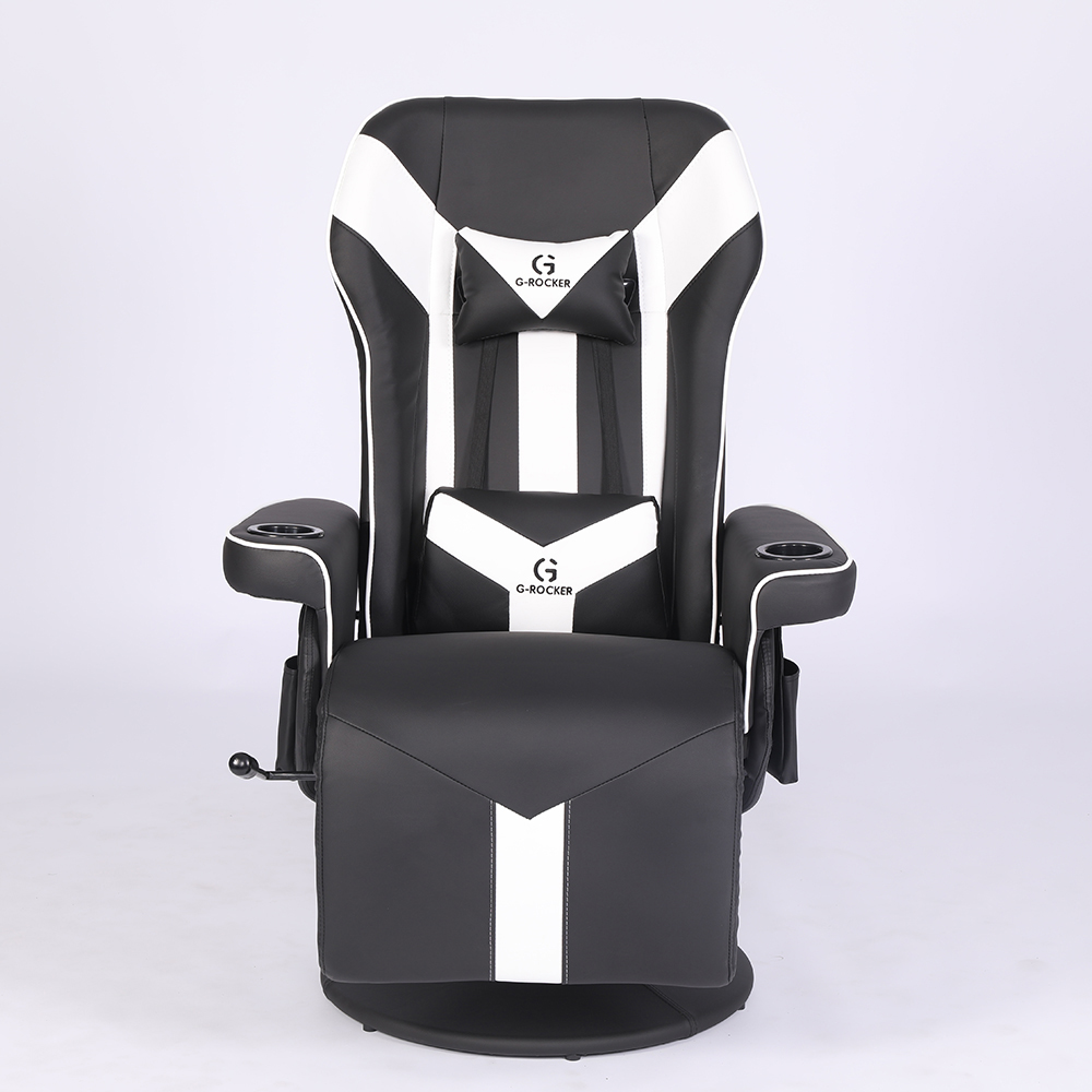 Office/Home Gaming Chair with Cup Holder and Footrest in White Racing Style Leather