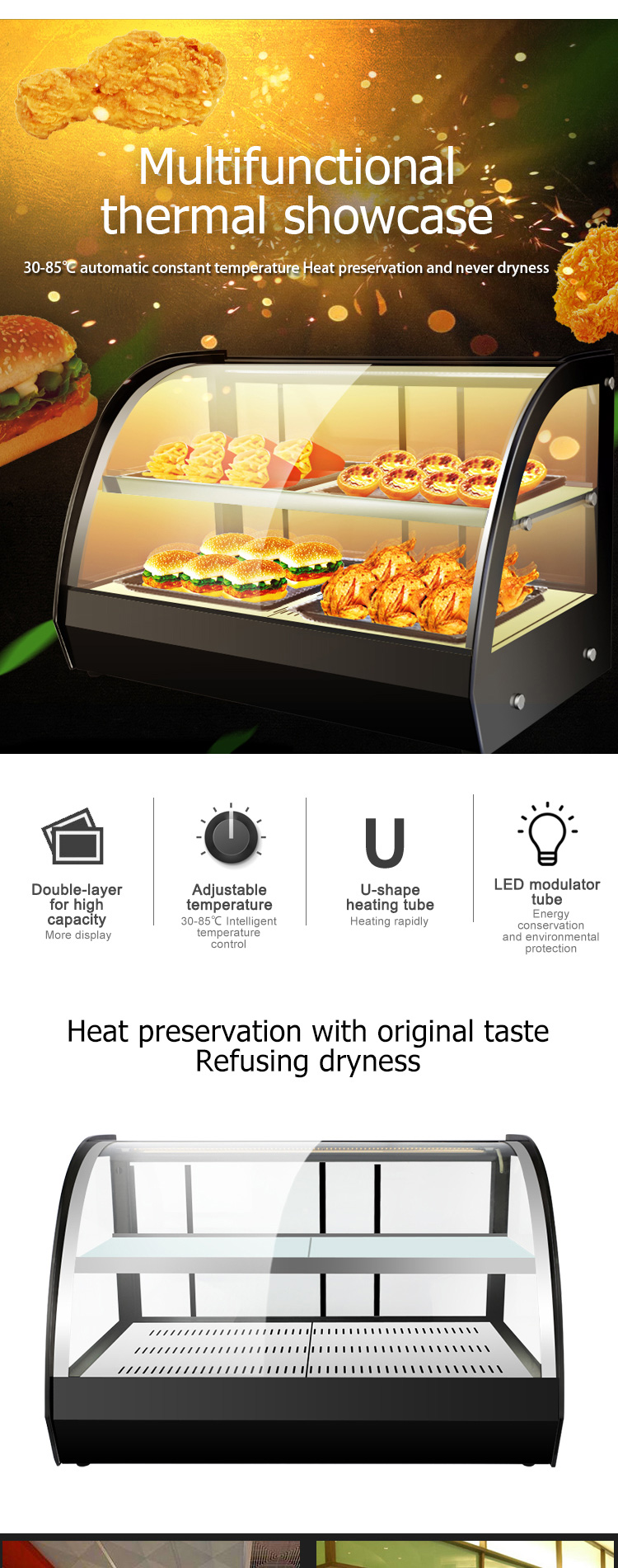 Commercial Kitchen Curved Glass Counter Top Food Warmer Display Showcase at 220V Voltage