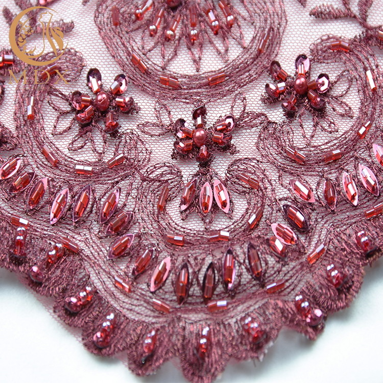 Elegant Bridal Red Beaded Lace Fabric African Style Customized For Dress