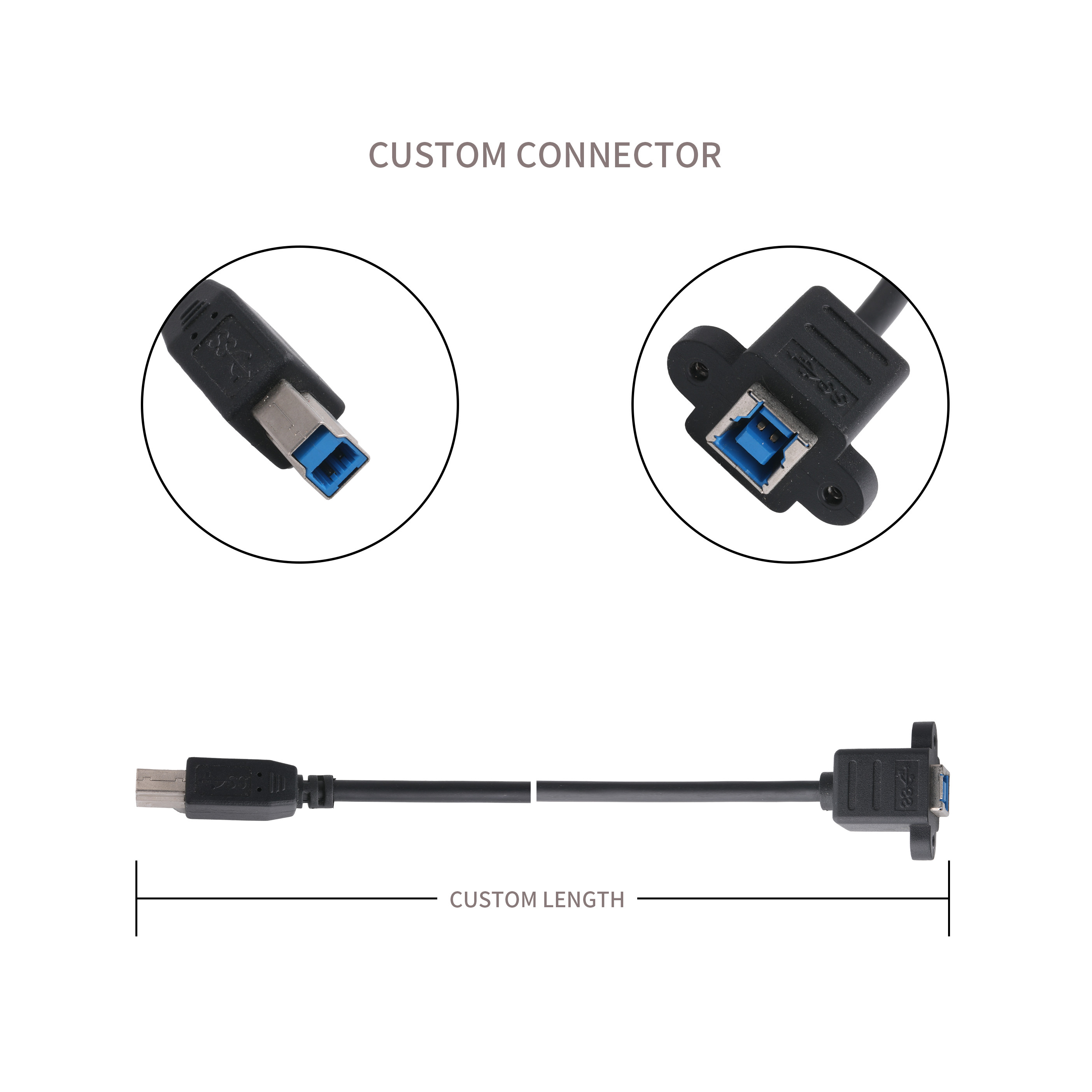 Male To Male / Female USB 3.0 B Cable Black For Printer Equipment