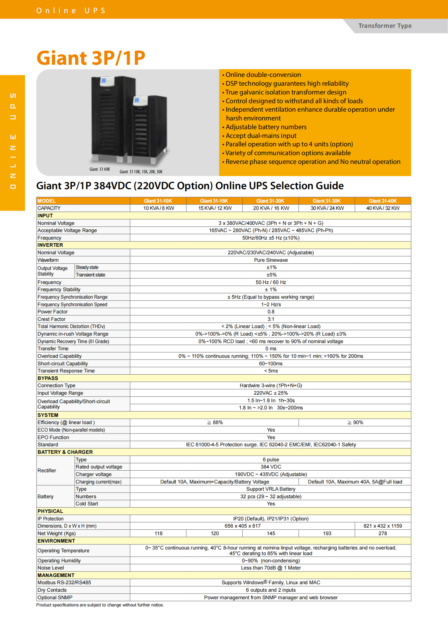 Pure Sinewave 10KVA 10KW 10000W Three Phase Online Data Center UPS Visench Giant31-10K