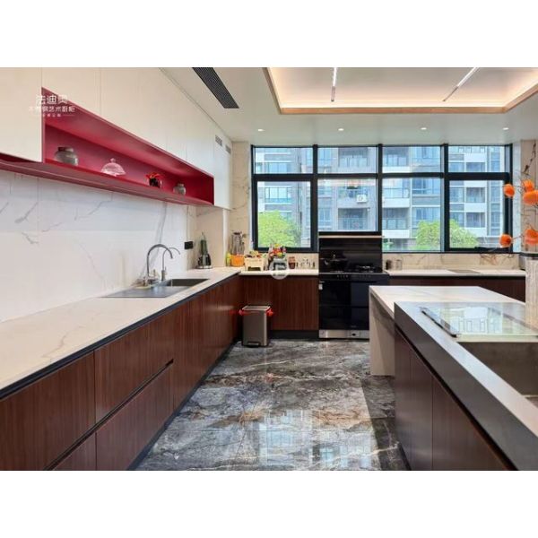 Fadior Multifunctional Wood-Grain Stainless Steel Custom Kitchen Cabinet with Island & Integrated Appliances