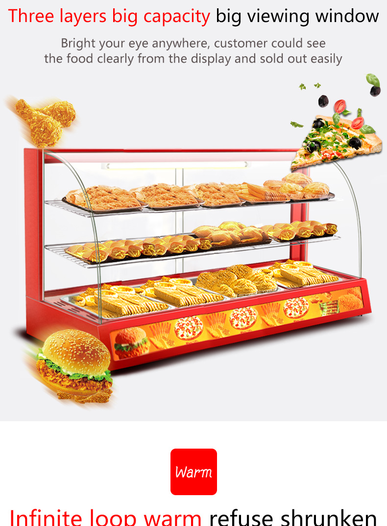 Professional Electric Red Glass Food Warmer Display Showcase with Toughened Glass