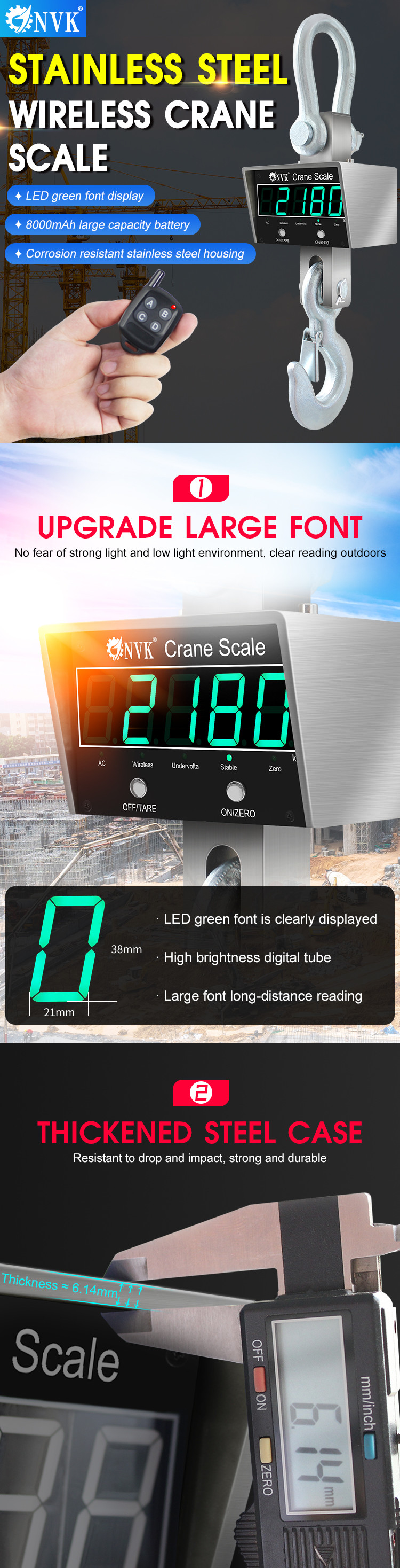 1/2/3/5/10T Industrial Remote Stainless Steel Crane Scale Hook hanging Weighing Scale
