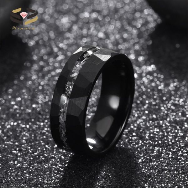 Fashion Jewelry Rings 8mm Silver Black Hammered Brushed Tungsten Ring with Meteorite Shaving Inlay Men's Wedding Band