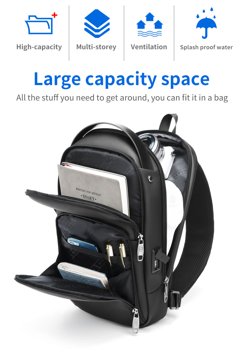 Solid Color Outdoor Travel Mens Sling Bag Multi Pocket Design Easy To Carry