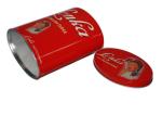 Oval shaped red candy tin can