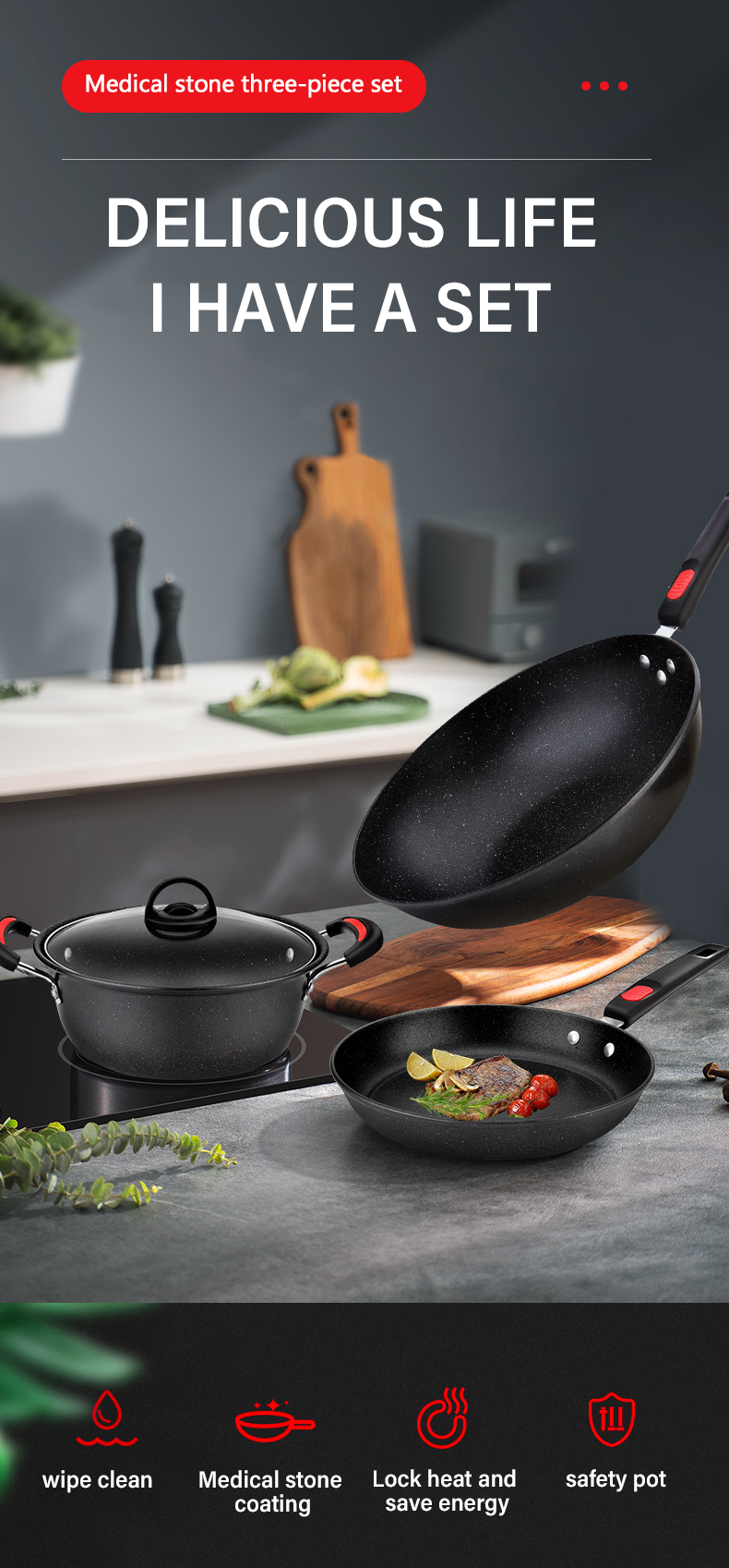 Home Medical Stone Non Stick Cooking Pot Set Kitchen Pots And Pans Cookware Sets