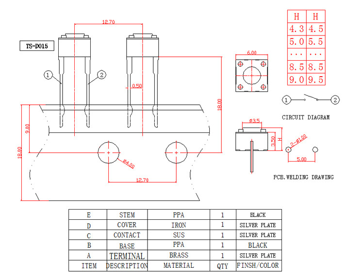 Round Long Foot PCB Tactile Switch , Momentary Push Button Switch 12 V
