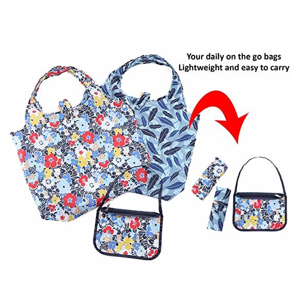 Stylish Folding Design Reusable Shopping Bags With Zipper Pouch Washable