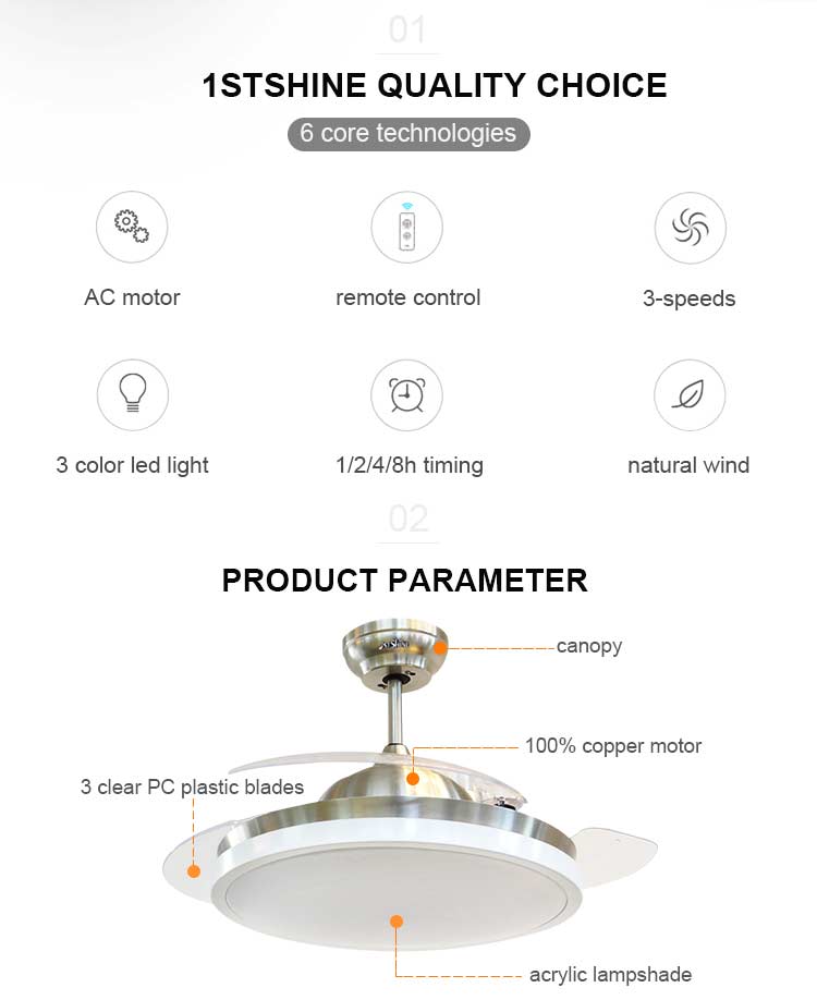 Energy Saving Silent Remote Control LED Ceiling Fan Light with 2- Metal Lamp Body