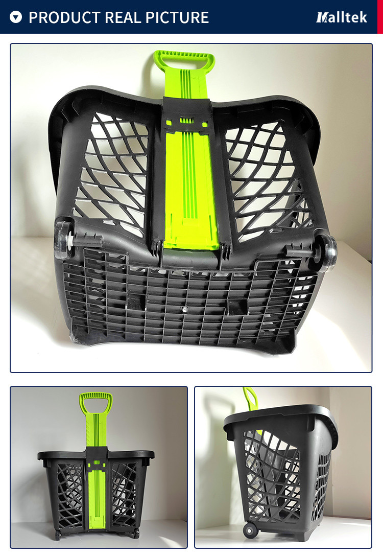43L Capacity Supermarket Telescopic Handle Plastic Shopping Baskets With Wheels