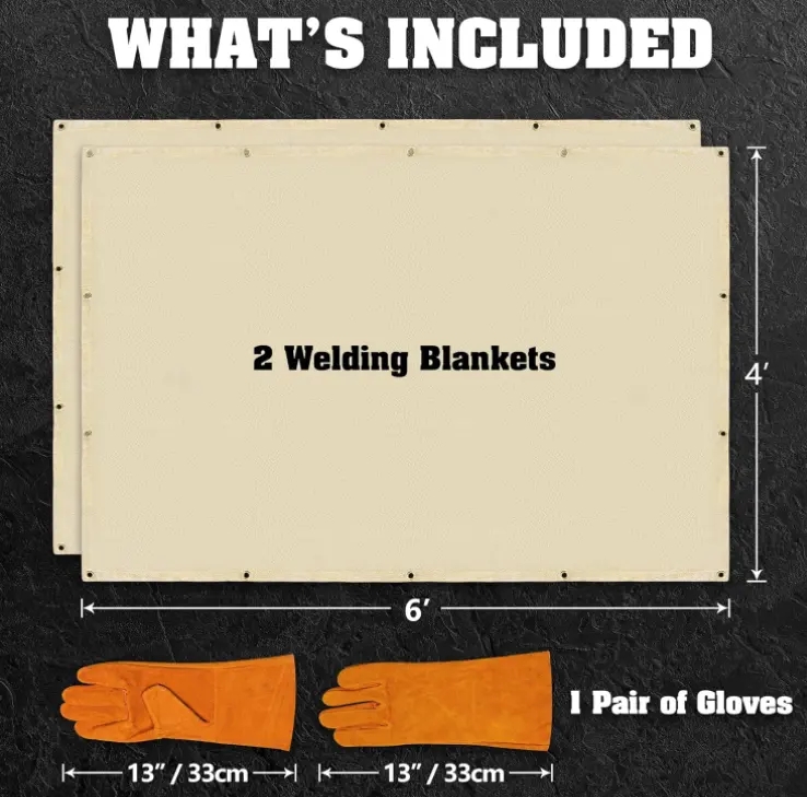 100% Flame Retardant Welding Blanket 6x8 feet 2-Pack Set with Hand Protection Gloves