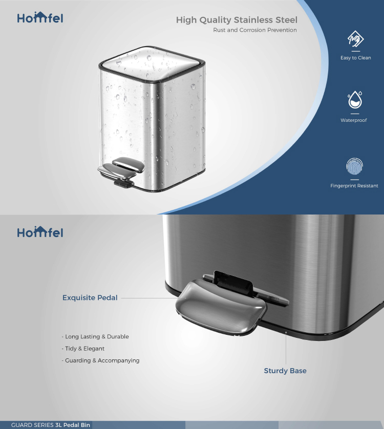 Rolling Cover Type Stainless Steel Soft Close Square Pedal Trash Bin Perfect for Bathroom Living Room and Bedroom