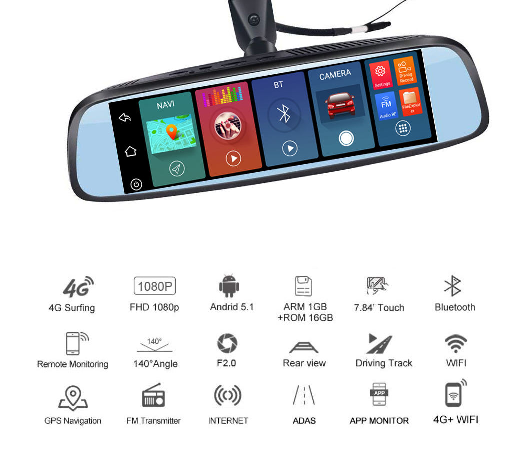 10 Inch 34X13X7.7cm ADAS Android Dash Cam 4G FHD 1080p Smart Car DVR