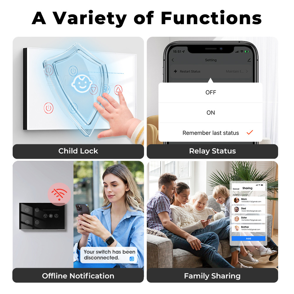 Tuya WiFi Smart Light 4 gang Switch Ceiling Fan Speed Control​​ Timer Voice Power Monitor Support Alexa Google Home Tmall Genie 100-240V