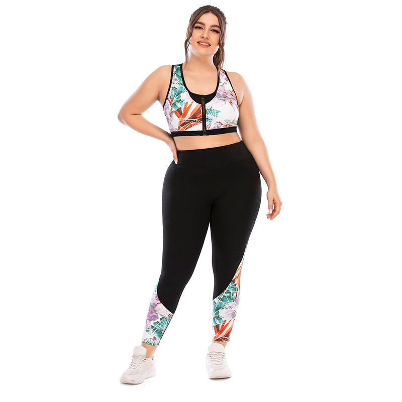Printing Front Zip Gym Plus Size Two Piece Workout Sets Sleeveless Nylon Spandex