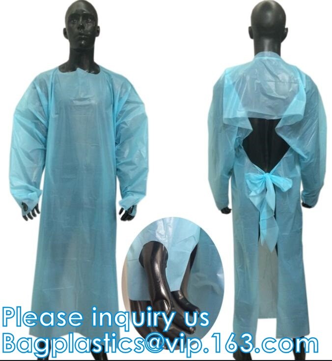 CE FDA factory waterproof isolation gown disposable pe/cpe surgical blue plastic isolation gown Gowns with Elastic Cuff