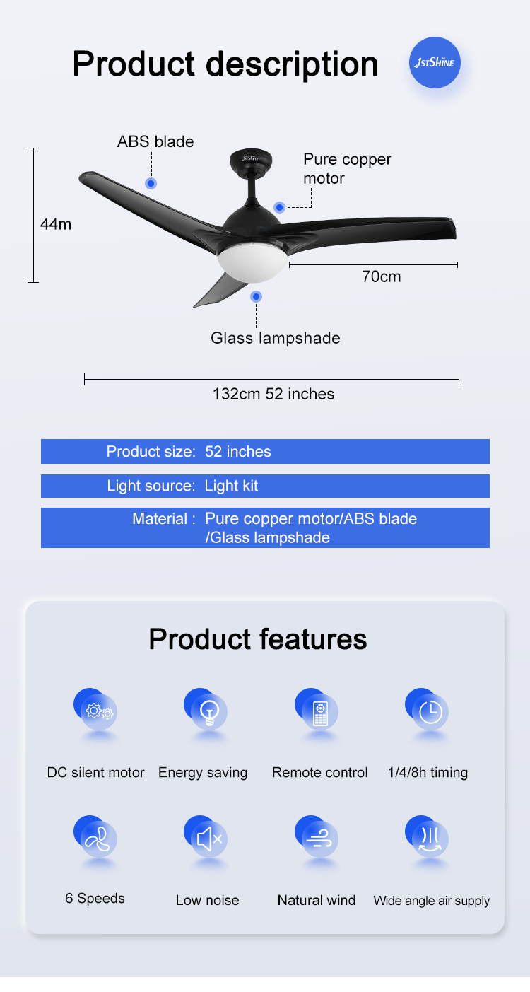 52 Inch DC Pure Copper 6 Speed Ceiling Fan with Light Kit and 3000K Color Temperature