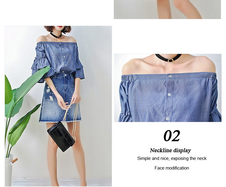 Spring Women Dark Blue Denim Blouses And Tops Off Shoulder Bat Wing Long Sleeve