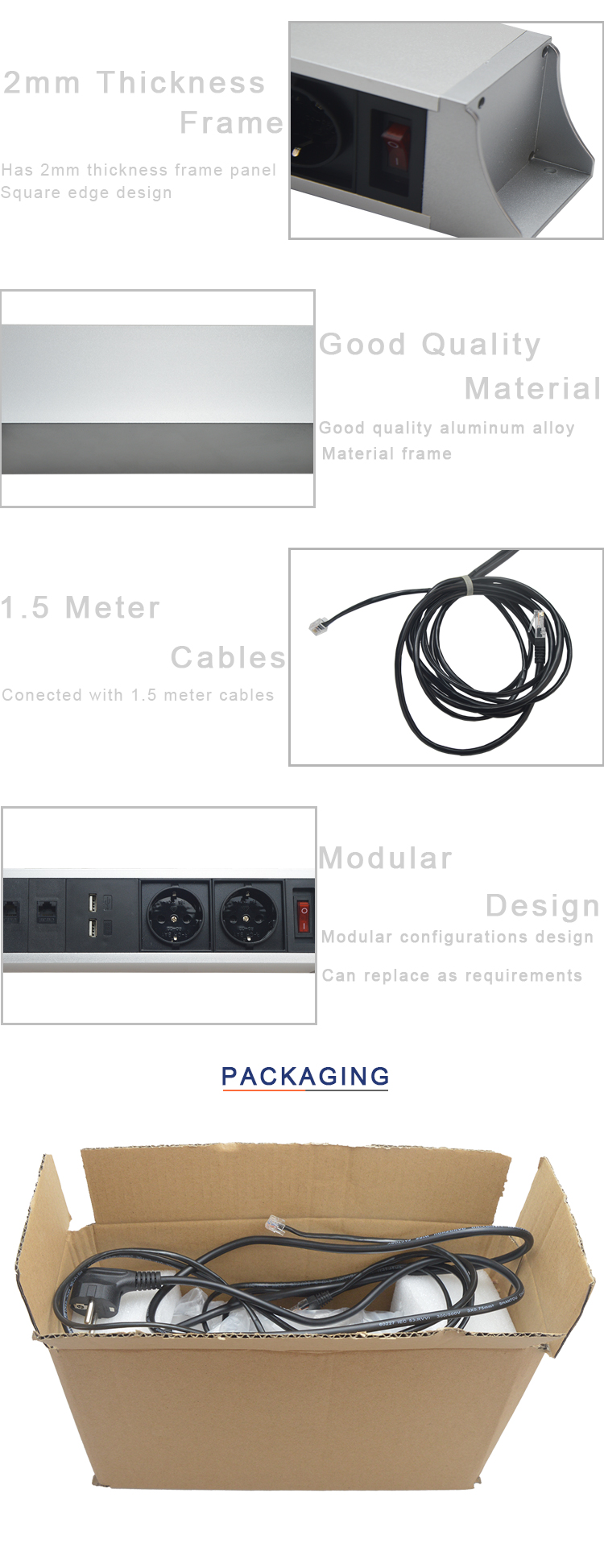 Office Aluminum Under Table Interconnect Electrical Socket / Electric Under Desk Mounted Socket