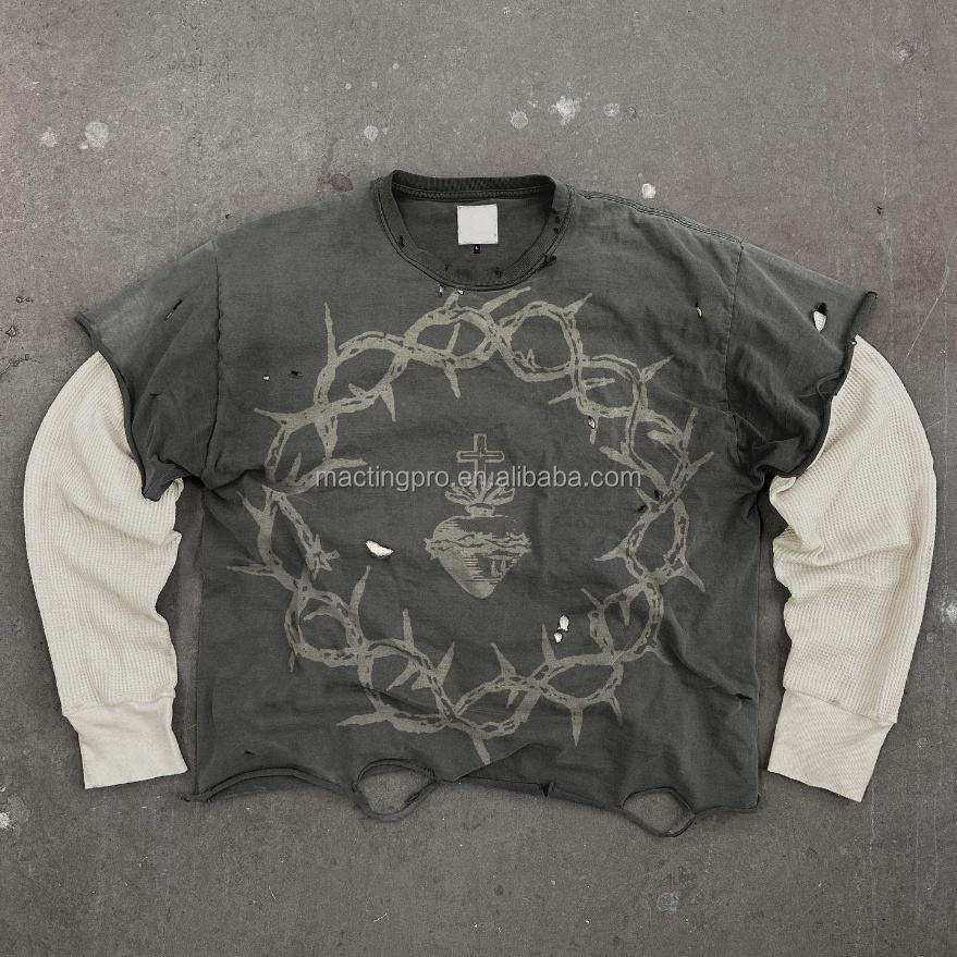 Graphic Printing Acid Stone Wash Vintage Double Layer Long Sleeve T Shirt for Men