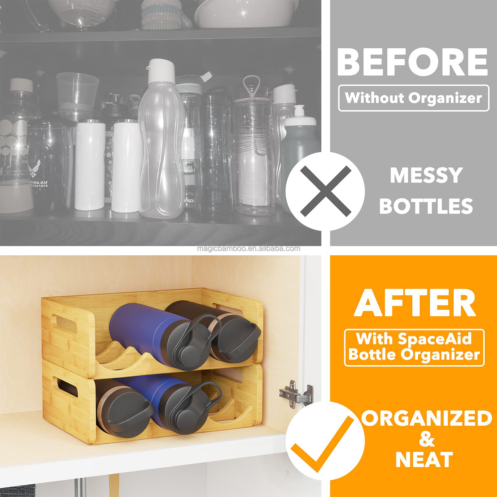 BAMBOO Water Bottle Organizer With Labels Non-folding Rack for Kitchen Pantry and Cabinets